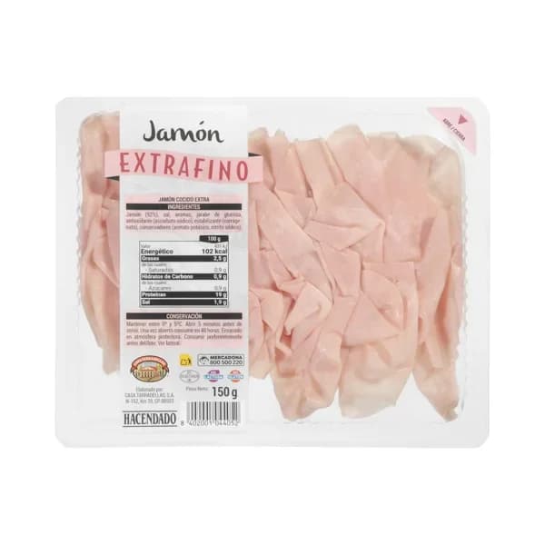 Jamón cocido extrafino Hacendado lonchas - 0.15 kg - Imagen del producto en Findit
