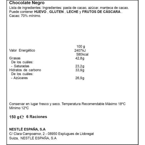 Chocolate Negro 70% Tableta 150G - 0.15 kg - Imagen del producto en Findit