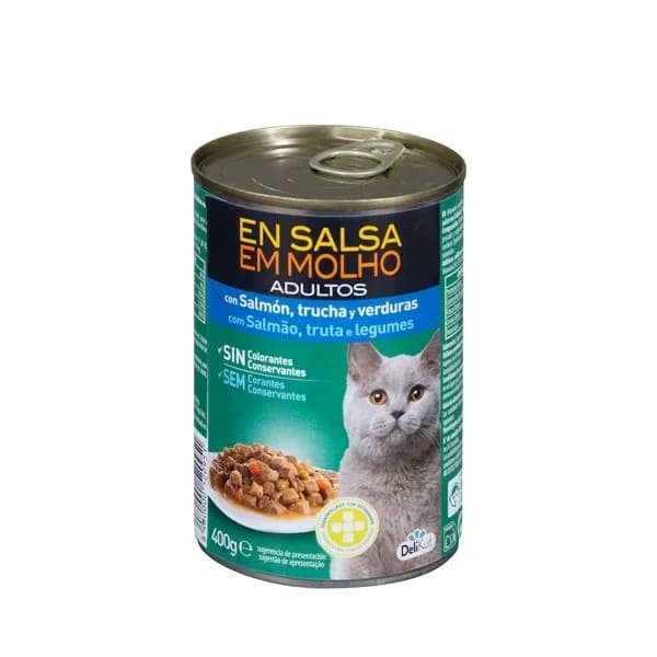 Bocaditos en salsa gato adulto Delikuit con salmón  trucha y verduras - 1 ud - Imagen del producto en Findit