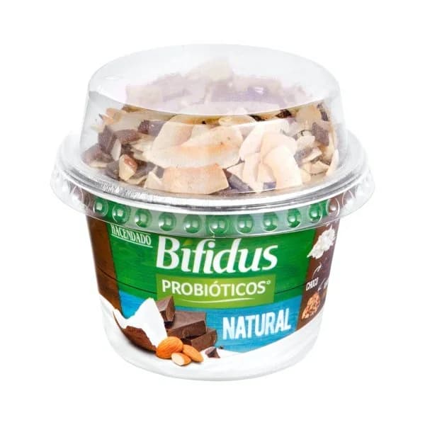 Bífidus natural probiótico Hacendado con coco  almendras y chocolate - 0.18 kg - Imagen del producto en Findit