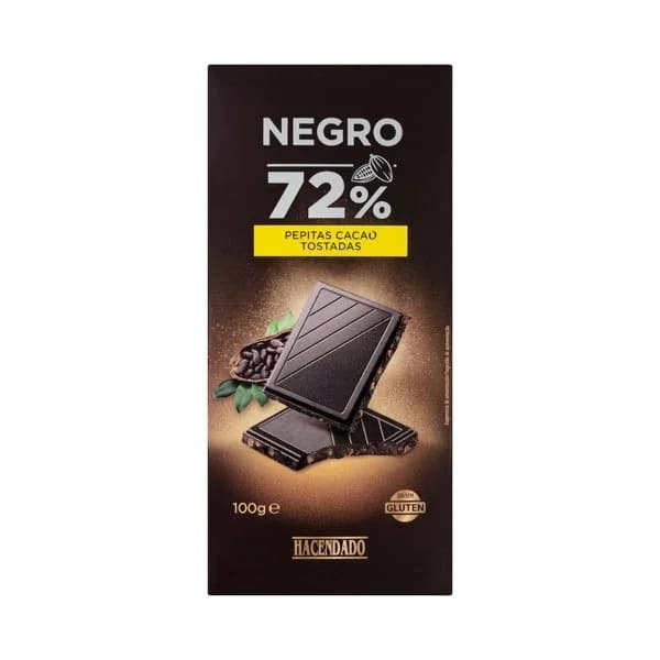 Chocolate negro 72% de cacao Hacendado con pepitas de cacao caramelizadas - 1 ud - Imagen del producto en Findit