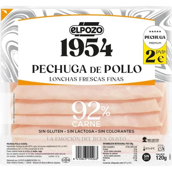 Pechuga de Pollo 92% Carne Lonchas Finas - 0.12 kg - Imagen del producto en Findit