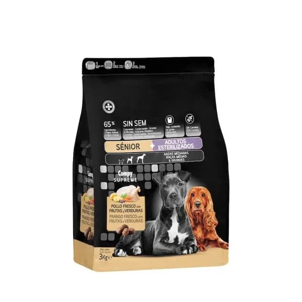 Comida perro sénior y adultos esterilizados Supreme Compy con pollo  frutas y verduras - 3 kg - Imagen del producto en Findit