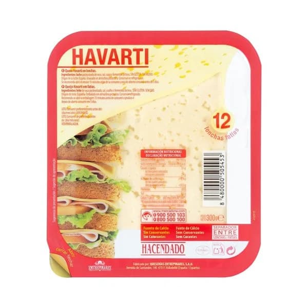 Queso lonchas cremoso havarti de vaca Hacendado - 0.3 kg - Imagen del producto en Findit