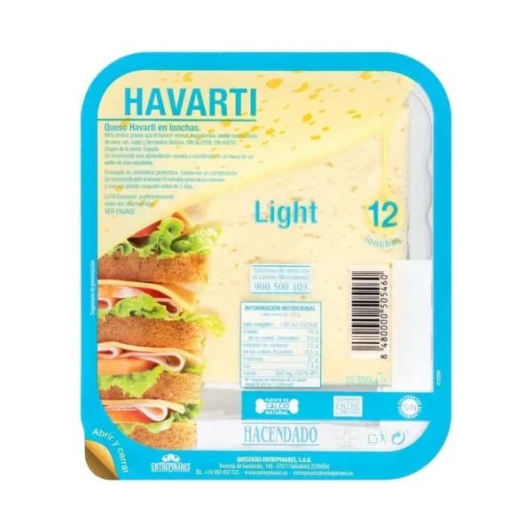 Queso lonchas cremoso light havarti de vaca Hacendado - 0.3 kg - Imagen del producto en Findit