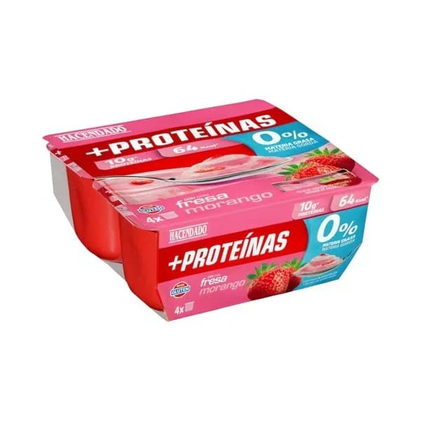 Postre lácteo con fresa +Proteínas Hacendado 0% m.g 10 g proteínas - 0.48 kg - Imagen del producto en Findit