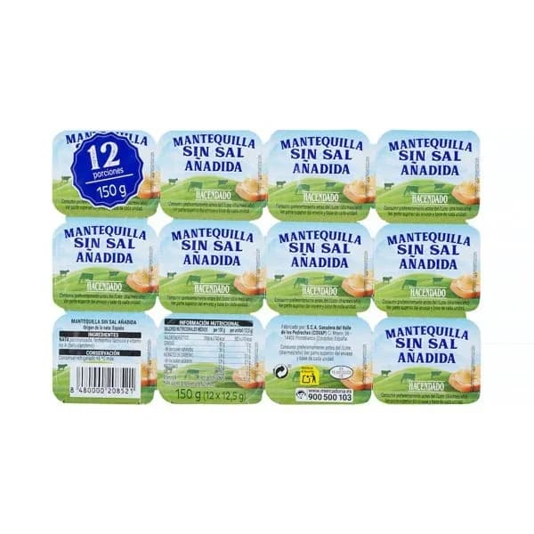 Mantequilla en porciones Hacendado sin sal añadida - 0.15 kg - Imagen del producto en Findit