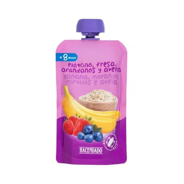 Papilla plátano  fresa  arándanos y avena Hacendado +8 meses - 0.12 kg - Imagen del producto en Findit