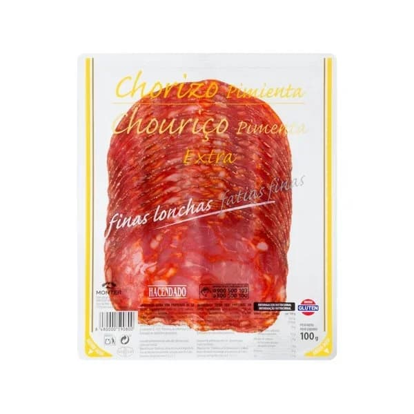 Chorizo extra pimienta Hacendado finas lonchas - 0.1 kg - Imagen del producto en Findit