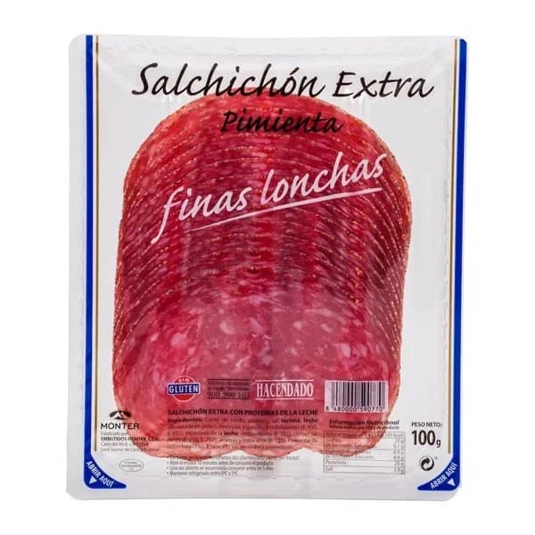 Salchichón extra pimienta Hacendado finas lonchas - 0.1 kg - Imagen del producto en Findit