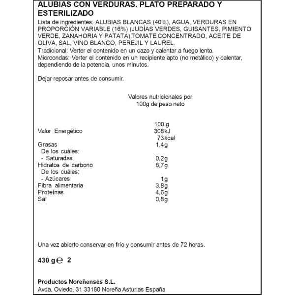 Alubias con Verduras 430G - 0.43 kg - Imagen del producto en Findit
