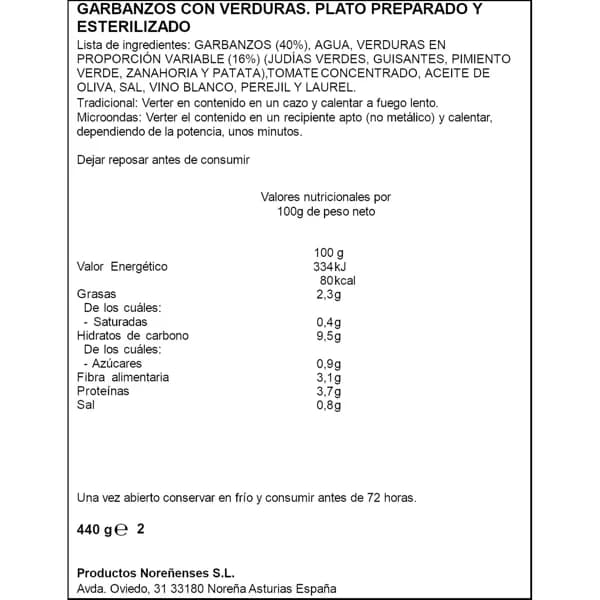 Garbanzos con Verduras 440G - 0.44 kg - Imagen del producto en Findit