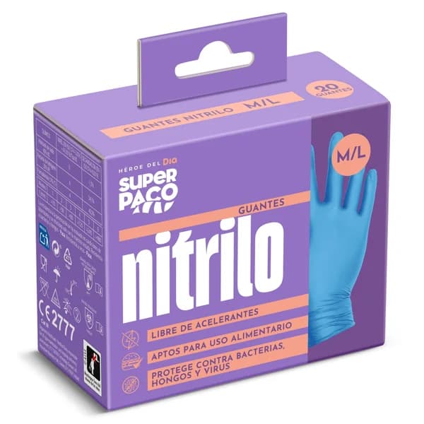 Guantes nitrilo desechables talla M/L Super Paco de Dia caja 20 unidades - 19.9 ud - Imagen del producto en Findit