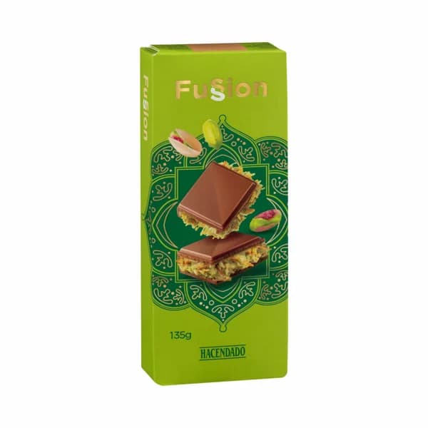 Chocolate con leche Fussion Hacendado relleno de crema de pistacho y masa filo tostada - 0.13 kg - Imagen del producto en Findit