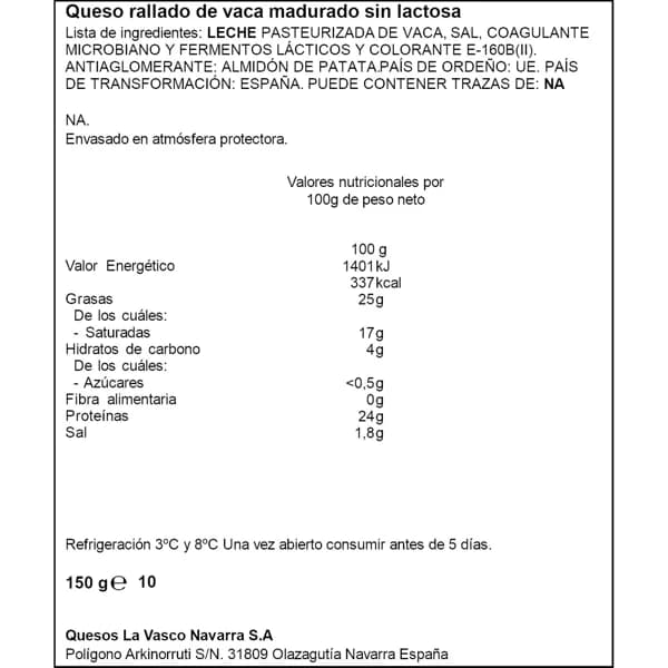 Queso Rallado Sin Lactosa 150G - 0.15 kg - Imagen del producto en Findit