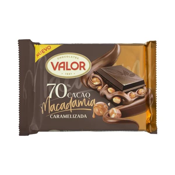 Chocolate negro 70% cacao Valor con nueces de macadamia caramelizadas - 0.09 kg - Imagen del producto en Findit