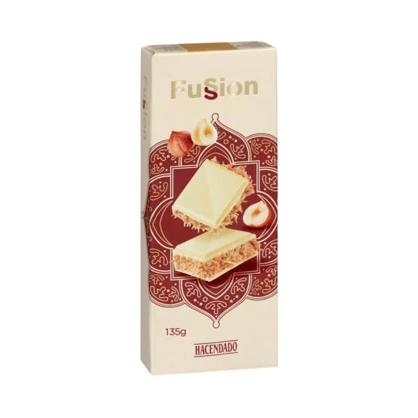 Chocolate blanco Fussion Hacendado relleno de crema de avellana y masa filo tostada - 0.13 kg - Imagen del producto en Findit