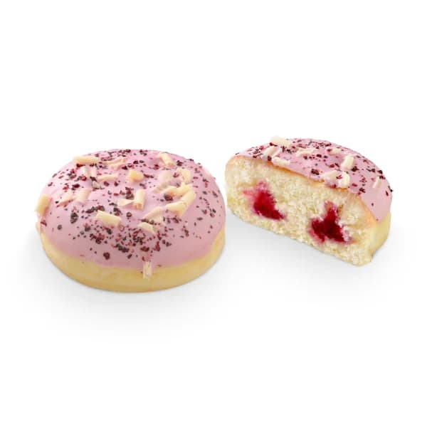 Berlina con cobertura de frutos rojos y virutas de chocolate blanco relleno 30% arándanos - 0.09 kg - Imagen del producto en Findit