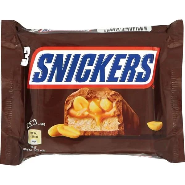 Barritas de chocolate con caramelo y cacahuetes 3 unidades Snickers bolsa 150 g - 0.15 kg - Imagen del producto en Findit