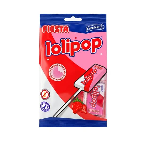 Caramelos masticables con palo Lolipop Fiesta sabor fresa - 0.05 kg - Imagen del producto en Findit
