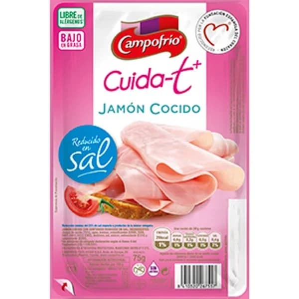 Jamón cocido bajo en grasa reducido en sal en lonchas Campofrío - Cuida-t+ sin gluten sin lactosa 65 g. - 0.07 kg - Imagen del producto en Findit