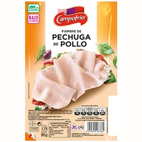 Fiambre de pechuga de pollo Campofrío sin gluten sin lactosa 80 g. - 0.08 kg - Imagen del producto en Findit