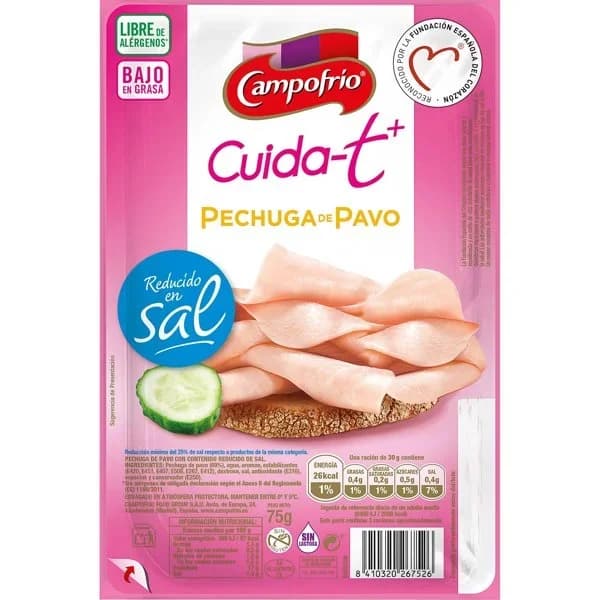 Pechuga de pavo cocida con contenido reducido en sal Campofrío Cuida-t + sin gluten y sin lactosa 65 g. - 0.07 kg - Imagen del producto en Findit