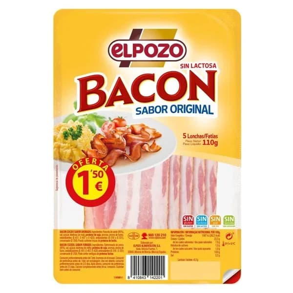 Bacon cocido ahumado en lonchas El Pozo sin gluten y sin lactosa 110 g - 0.11 kg - Imagen del producto en Findit