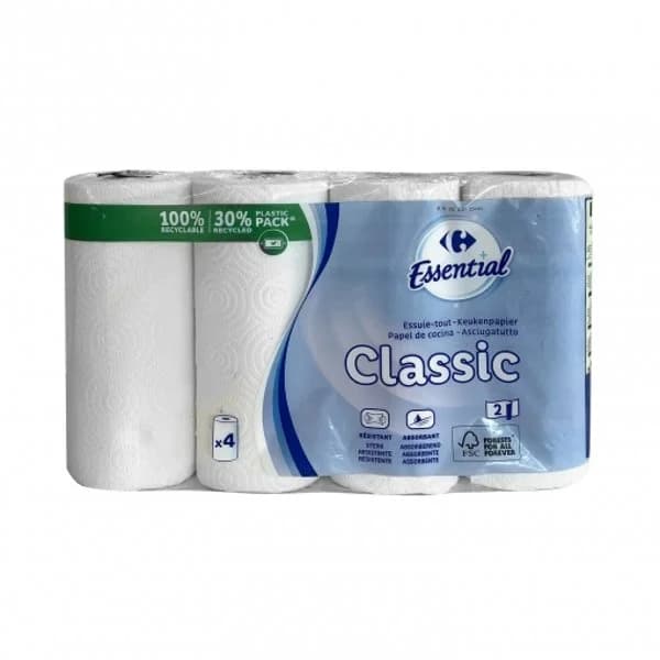 Papel de cocina classic Carrefour Essential 4 rollos. - 3.99 ud - Imagen del producto en Findit