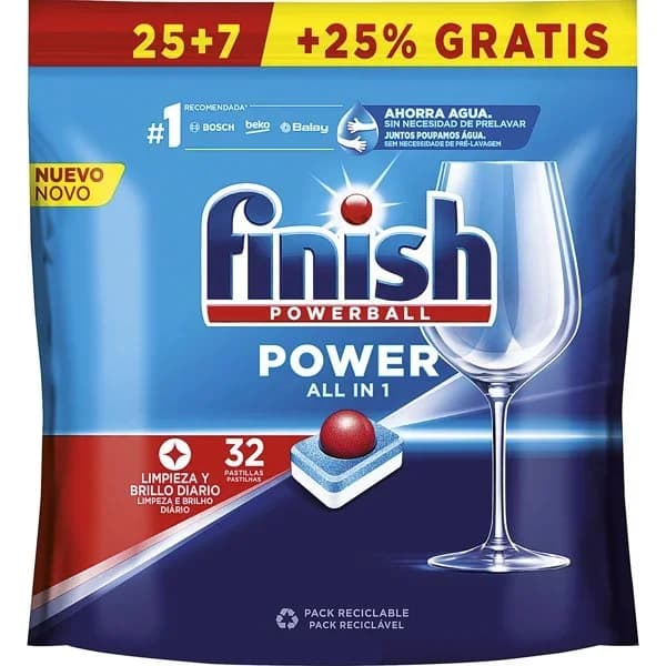 Lavavajillas FINISH TODO EN 1, bolsa 25+7 dosis - 7 ud - Imagen del producto en Findit