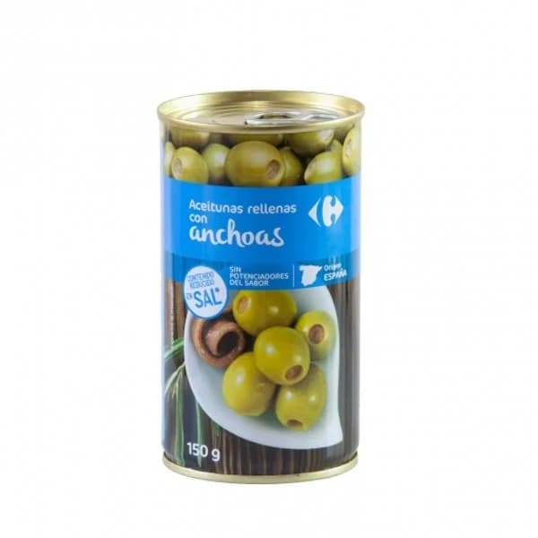 Aceitunas verdes rellenas de anchoa bajas en sal Carrefour 150 g. - 0.15 kg - Imagen del producto en Findit