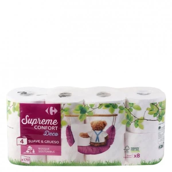 Papel higienico suave y grueso supreme confort Deco Carrefour 8 rollos - 7.93 ud - Imagen del producto en Findit