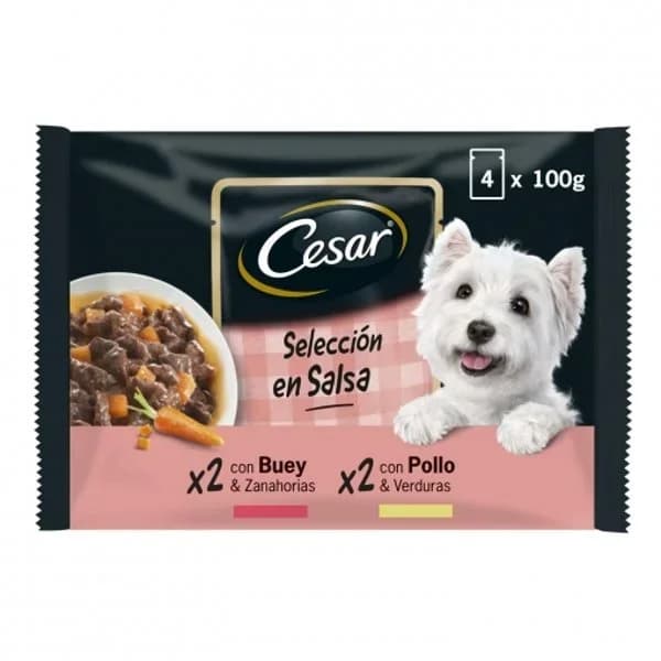 Comida húmeda selección carnes mixtas en salsa para perro Cesar pack de 4 unidades de 100 g. - 0.4 kg - Imagen del producto en Findit