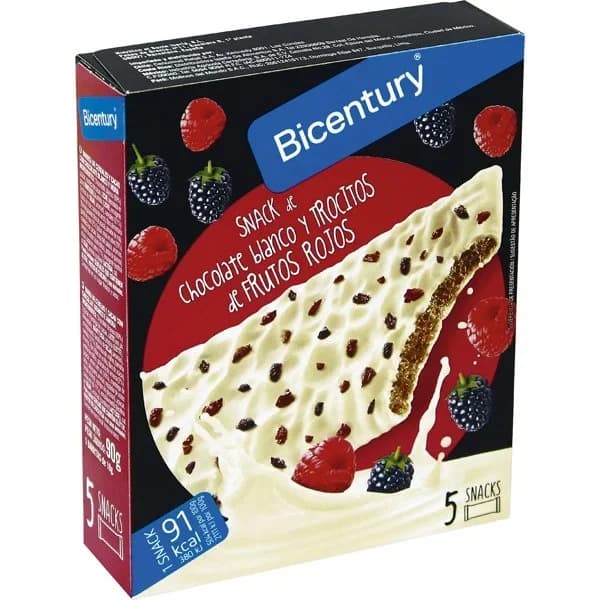 Barrita de chocolate blanco- frutos rojos BICENTURY, caja 90 g - 0.09 kg - Imagen del producto en Findit
