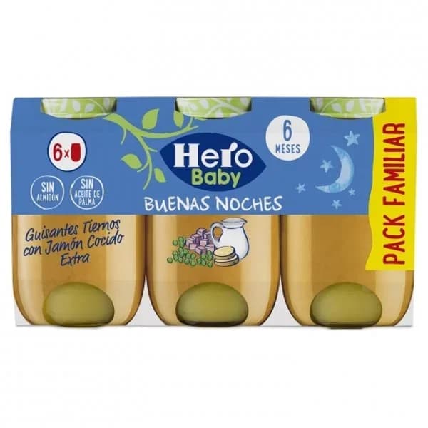 Tarrito de guisantes tiernos con jamón cocido extra desde 6 meses Hero Baby sin gluten pack de 6 unidades de 190 g. - 1.2 kg - Imagen del producto en Findit