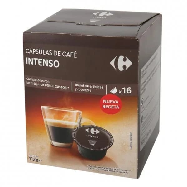 Café cápsulas intenso Carrefour Extra compatible con Dolce Gusto 16 unidades de 7 g. - 15.83 ud - Imagen del producto en Findit