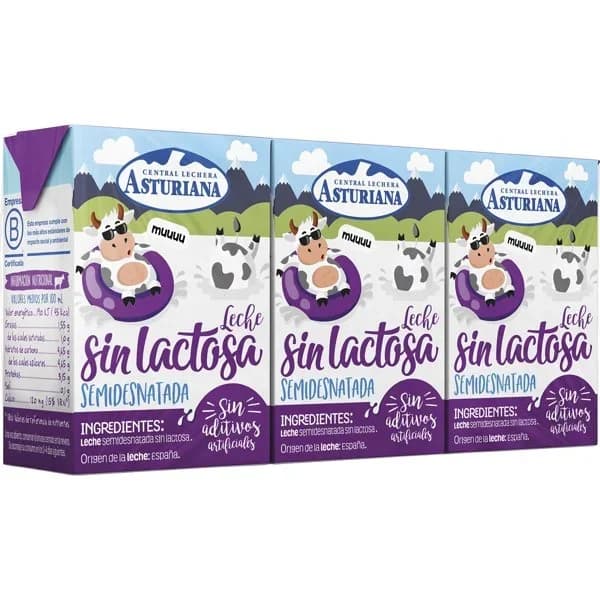 Leche semidesnatada sin lactosa ASTURIANA, pack 3x200 ml - 0.6 l - Imagen del producto en Findit
