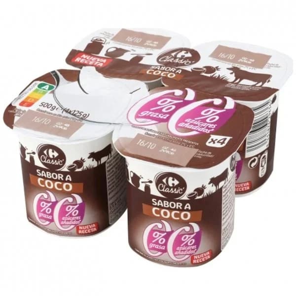 Yogur desnatado sabor coco Carrefour Classic' sin azúcar añadido pack de 4 unidades de 125 g. - 0.5 kg - Imagen del producto en Findit
