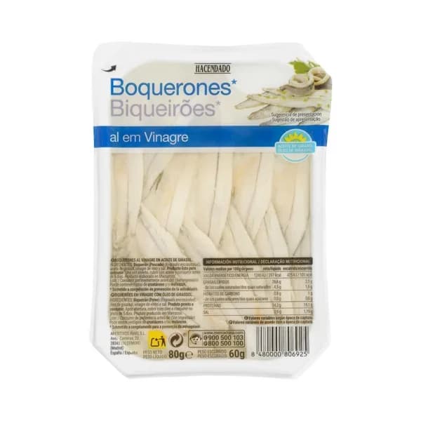 Boquerones en vinagre Hacendado en aceite de girasol - 0.06 kg - Imagen del producto en Findit