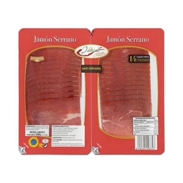 Jamón serrano medias lonchas Jamcal - 0.24 kg - Imagen del producto en Findit