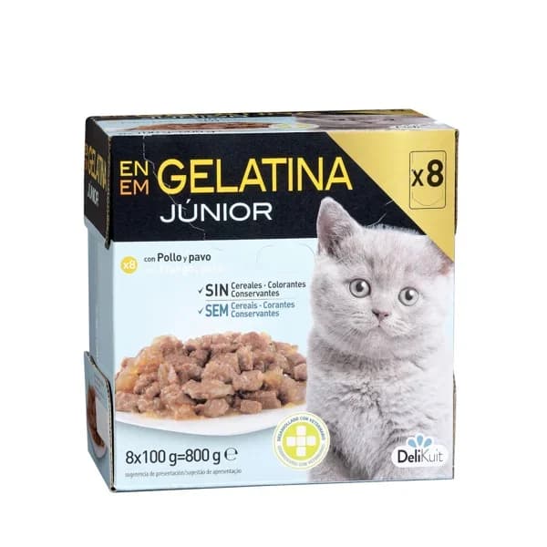 Bocaditos en gelatina gato júnior Delikuit con pollo y pavo - 0.8 kg - Imagen del producto en Findit