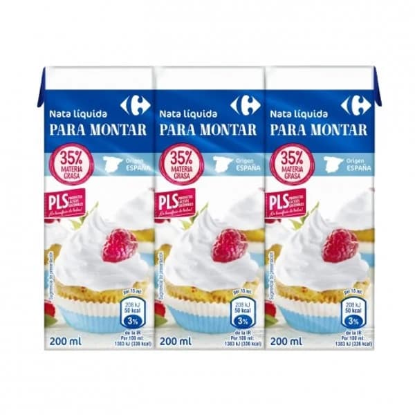 Nata liquida para montar Carrefour pack de 3 unidades de 200 ml. - 0.6 l - Imagen del producto en Findit
