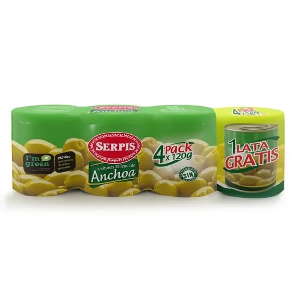 Aceitunas rellenas de anchoa Serpis lata 4 x 50 g - 0.48 kg - Imagen del producto en Findit