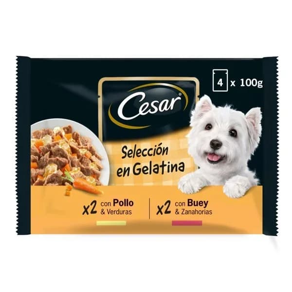 Comida húmeda selección carnes mixtas en gelatina para perro Cesar pack de 4 unidades de 100 g. - 0.4 kg - Imagen del producto en Findit