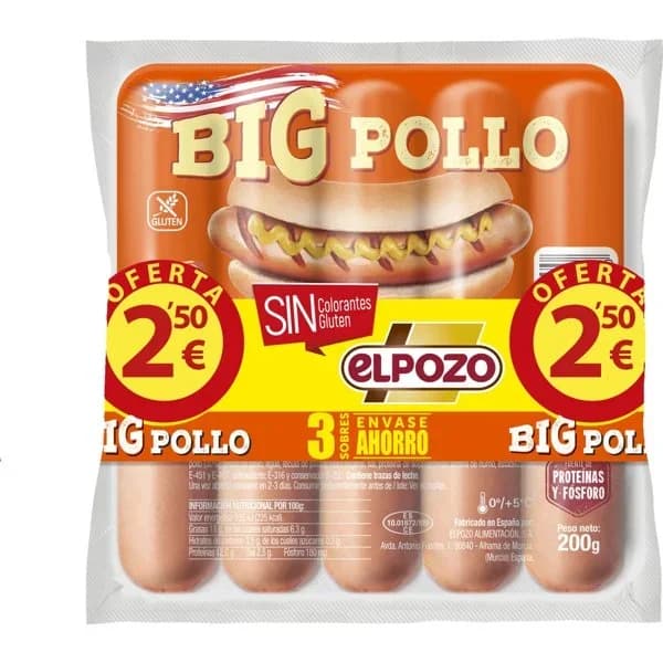 Salchicha Big Pollo 3 x 200G - 0.6 kg - Imagen del producto en Findit