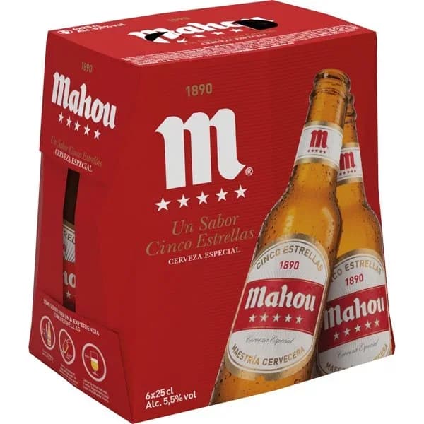 Cerveza MAHOU 5 Estrellas, pack botellín 6x25 cl - 1.5 l - Imagen del producto en Findit