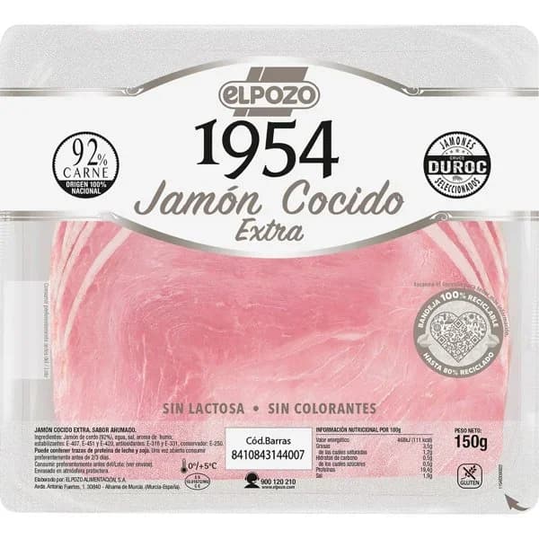Jamón cocido extra en lonchas sin colorantes Edición 1954 ElPozo sin gluten y sin lactosa 120 g - 0.15 kg - Imagen del producto en Findit