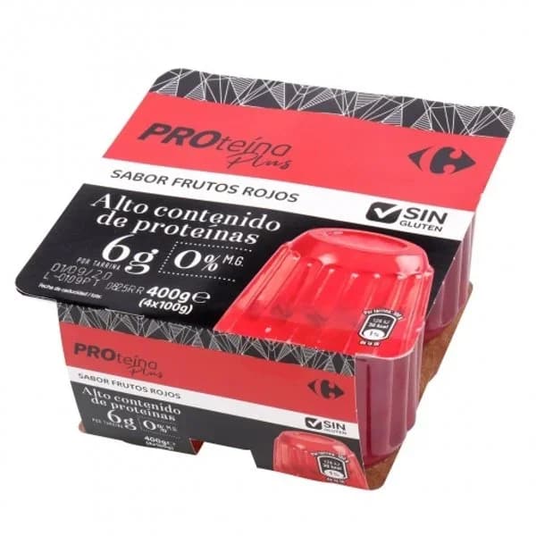 Gelatina sabor frutos rojos Proteína Plus 0% materia grasa Carrefour sin gluten pack de 4 unidades de 100 g. - 0.4 kg - Imagen del producto en Findit