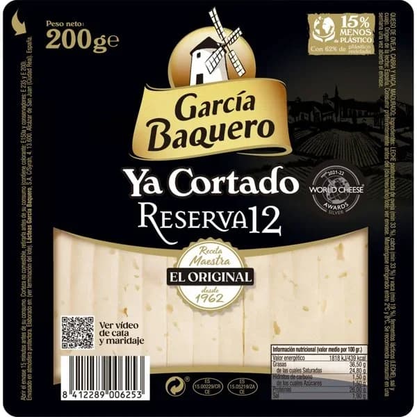 Queso cortado mezcla reserva 12 meses G. BAQUERO, cuña 200 g - 0.2 kg - Imagen del producto en Findit