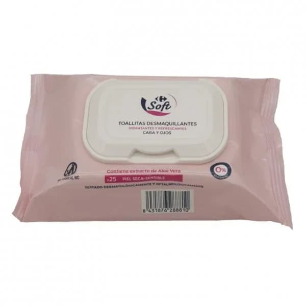 Toallitas desmaquillantes hidratante y refrescantes para piel seca y sensible cara y ojos Carrefour Soft 25 ud. - 23 ud - Imagen del producto en Findit